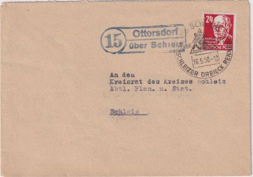 DDR - (15) Ottersdorf ü. Schleiz Landpost-Ra2 Brief n. Schleiz 1950
