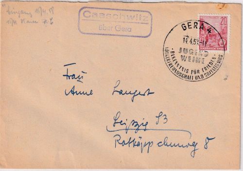 DDR - Caaschwitz ü. Gera Landpost-Ra2 Brief SST Gera 4 Jugendweihe 14.4.53