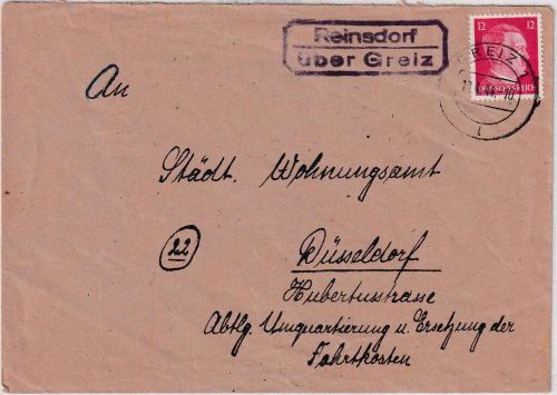 DR - Reinsdorf ü. Greiz Landpost-Ra2 Brief n. Düsseldorf 1944