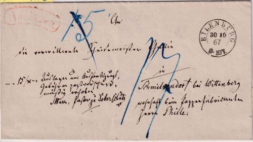 Preussen - Eilenburg 30.10.67 K2 Auslagenbrief n. Schmilkendorf b. Wittenberg