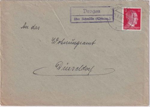 DR - Drogen ü. Schmölln (Thüring.) Landpost-Ra2 Brief n. Düsseldorf 1943