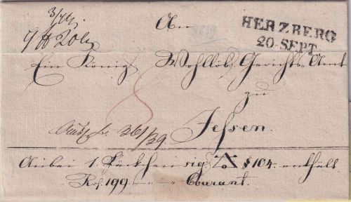 Preussen - Herzberg 20. SEPT L2 Paketbegleitbrief (Geldsendung) 1839 n. Jessen