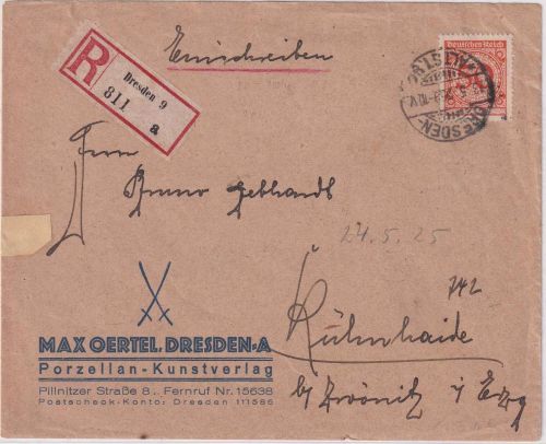 DR - 50 Pfg. Korbdeckel Einschreibebrief (20-100g) Dresden - Zwönitz 23.5.25