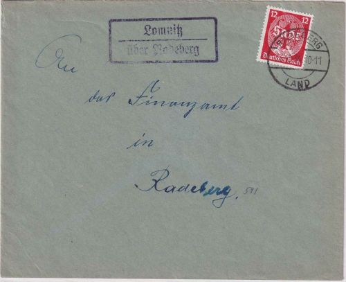 DR - Lomnitz ü. Radeberg Landpost-Ra2 Brief n. Radeberg 1934