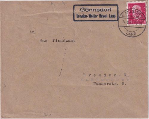 DR - Gönnsdorf Dresden-Weißer Hirsch Land Landpost-Ra2 Brief n. Dresden 1929