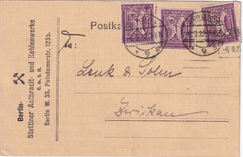 DR-Infla - 3x50 Pfg. Ziffer Perfin "SAK" Firmenkarte Berlin W9 - Zwickau 8.9.22