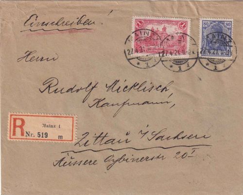DR - 1 M. Reichspostamt u.a. Einschreibebrief 20-100g Mainz - Zittau 27.4.21