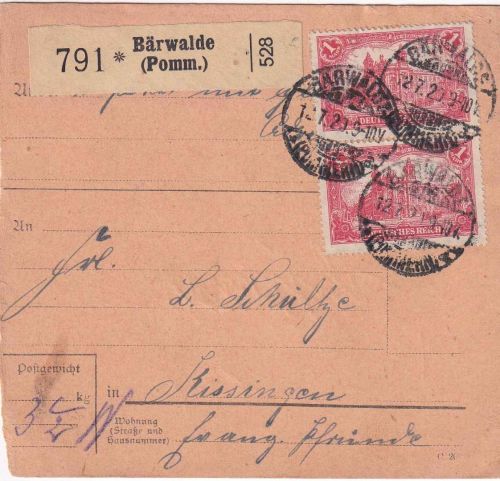 DR - 2x1 M. Reichspostamt Paketkarte Bärwalde (Pomm.) - Kissingen 12.7.20