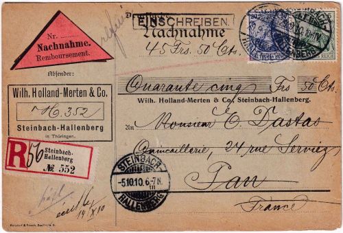 DR - 20+5 Pfg. Germania Nachnahme-Einschreibedrucksache n. FRANKREICH 1910