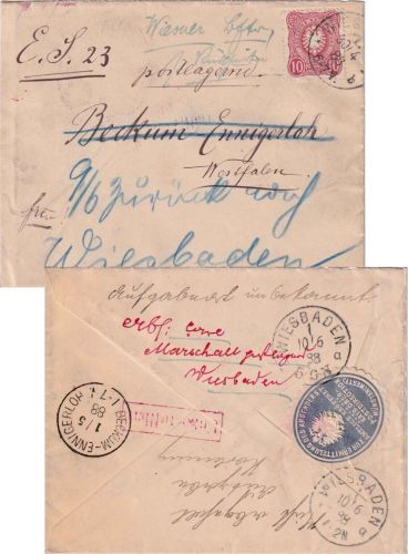 DR - 10 Pfg. Brief/postlagernd Wiesbaden - Beckum-Ennigerloh + Retour 1888