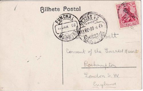 DR - Deutsche Seepost Linie Hamburg Südamerika Karte n. ENGLAND Funchal 1908