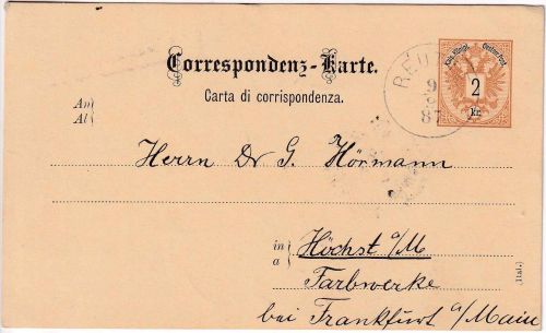 Österreich - 2 Kr. Adler Ganzsache kl. K1 Reutte (Plansee) - Höchst a/M. 1887
