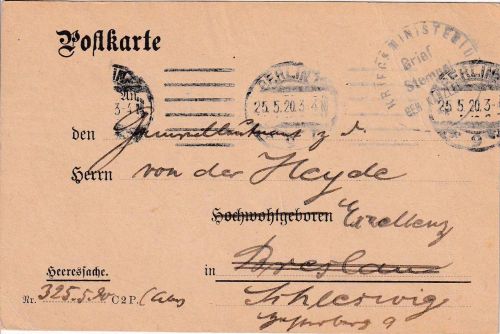DR - Berlin 1920 Karte/Heeressache (Gen.Lt. v.d. Heyde) n. Schleswig