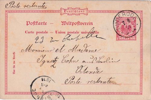 DR - 10 Pfg. K/A Ganzsachenkarte n. BELGIEN/Poste restante K1 Suderode 1891