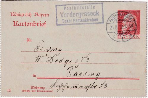 Bayern - Vordergraseck T. Partenkirchen Posthilfstellen-Ra3 Ganzsache 1912