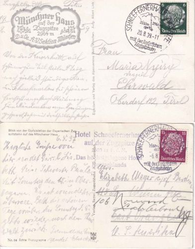 DR - Schneefernerhaus Zugspitze Handwerbestempel Karte n. USA 1937