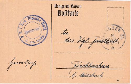 Bayern - München 31 19.9.18 Heeressache/Postkarte n. Fischbachau