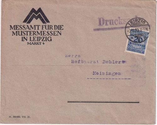 DR-Infla - 20 Mio. Korbdeckel Drucksachenbrief Leipzig - Meiningen 3.11.23