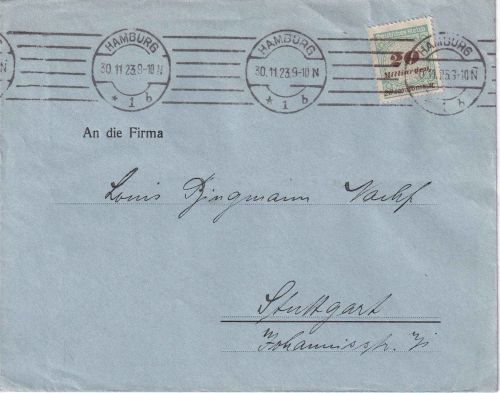 DR-Infla - 20 Mrd. Korbdeckel Brief/4-fach-Tarif Hamburg - Stuttgart 30.11.23