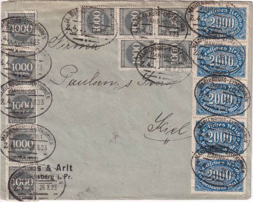 DR-Infla - 10x1.000 M. Ziffer u.a. Brief Bahnpost Marienburg - Eydtkuhnen 1923