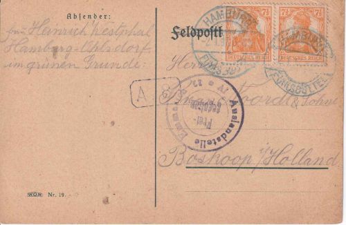 DR - Hamburg-Fuhlsbüttel blauer (!) Tagesstempel Zensurkarte n. Holland 2.17