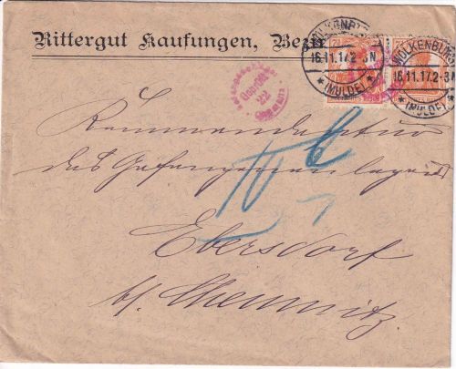 DR - 2x7 1/2 Pfg. Germania Brief Wolkenburg ins Kriegsgefangenenlager 1917
