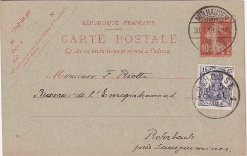DR/Frankreich - 10 C. Ganzsache Säerin + 15 Pfg. Germania Mülhausen 30.1.19