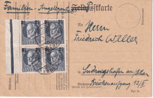 Bayern - 2 1/2 Pfg. Ludwig/Überdruck 4er-Block Karte München 26.5.1919