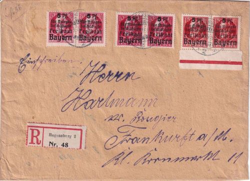 Bayern - Ludwig/Kriegsbeschädigte Einschreibebrief Regensburg - FFM 2.3.20