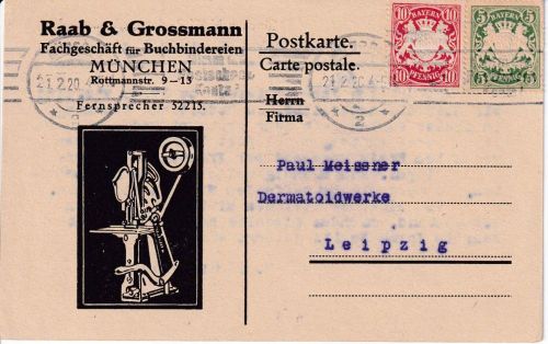 Bayern - 5+10 Pfg. Wappen/Aufbrauch illustr. Firmenkarte München - Leipzig 1920