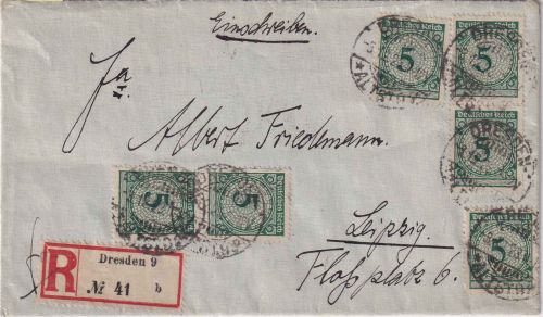 DR - 6x5 Pfg. Korbdeckel Einschreibebrief Dresden - Leipzig 3.12.23 Anschrift !