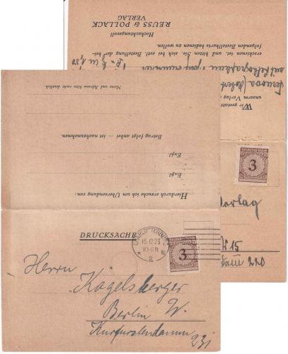 DR - 3/3 Pfg. Korbdeckel Drucksachenkarte m. Antwortteil Charlottenburg 15.12.23