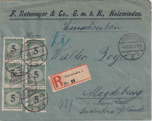 DR - 6x5 Pfg. Korbdeckel Einschreibebrief Holzminden - Magdeburg 4.12.23
