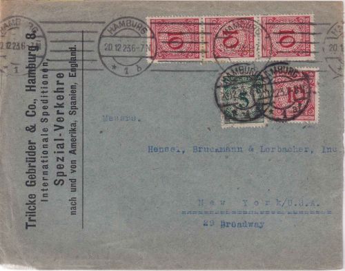 DR - 4x10+5 Pfg. Korbdeckel Brief 2. Gew.st. n. USA Hamburg - New York 20.12.23