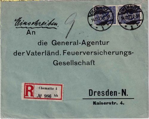 DR - 2x20 Pfg. Korbdeckel Einschreibebrief Chemnitz - Dresden 14.12.23