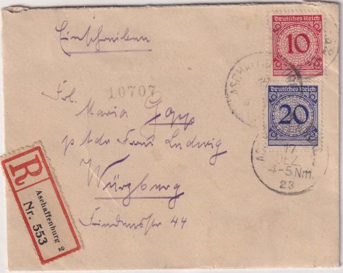 DR - 10+20 Pfg. Korbdeckel Einschreibebrief Aschaffenburg - Würzburg 17.12.23