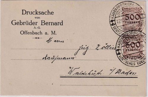 DR-Infla - 2x500 Tsd. Korbdeckel Drucksachenkarte Offenbach a/M. 12.10.23
