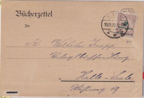 DR-Infla - 2 Mrd. Korbdeckel Bücherzettel Bunzlau - Halle 15.11.23