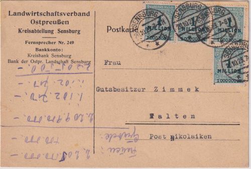 DR-Infla - 4x1 Mio. Korbdeckel Fernkarte Sensburg - Talten b. Nikolaien 20.10.23
