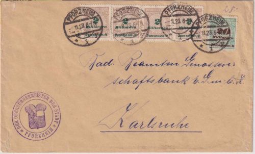 DR-Infla - 4x2+20 Mrd. Korbdeckel dst. Brief Pforzheim - Karlsruhe ?.11.23