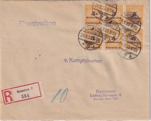 DR-Infla - 5 Mrd. Korbdeckel 6er-Block Ortseinschreibebrief Hannover 24.11.23