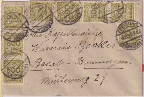 DR-Infla - 8x500 Mio Korbdeckel W !! Brief i.d. SCHWEIZ Freiburg - Basel 5.11.23