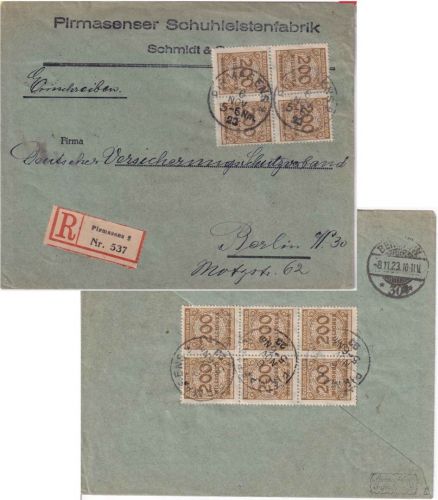 DR-Infla - 10x200 Mio. Korbdeckel Einschreibebrief Pirmasens - Berlin 6.11.23