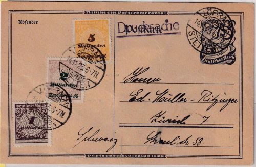DR-Infla - 5+2+1 Mrd. Korbdeckel Drucksachenkarte i.d. SCHWEIZ 14.11.23