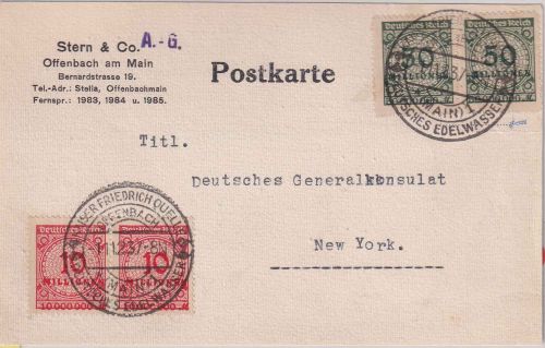 DR-Infla - 50 Mio. Korbdeckel dst. Paar u.a. Karte n. USA Offenbach a/M. 1.11.23