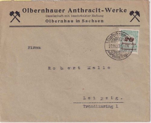 DR-Infla - 20 Mrd. Korbdeckel Brief/4fach-Tarif Kupferhammer-Grünthal 27.11.23