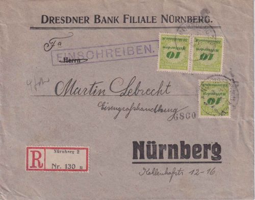 DR-Infla 3x10 Mrd Korbdeckel Ortseinschreibebrief/4fach-Tarif Nürnberg 30.11.23