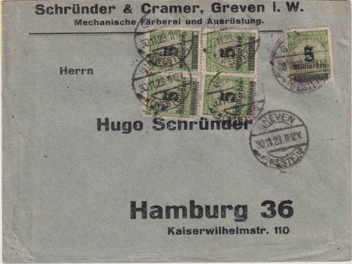 DR-Infla - 5x5 Mrd./4 Mio. Korbdeckel Brief Greven - Hamburg 30.11.23