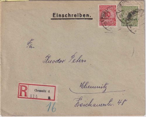 DR-Infla - 10+4 Mrd Korbdeckel Ortseinschreibebrief Chemnitz 4 - 24.10.23
