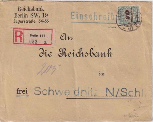 DR-Infla - 20 Mrd Korbdeckel Einschreibebrief/FDC Berlin C111 - 13.11.23